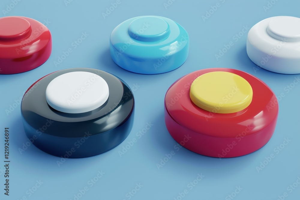 Five colorful push buttons are displayed on a smooth, light blue surface, creating a vibrant and playful scene Five colorful push buttons are displayed on a smooth, light blue surface, creating a vibrant and playful scene