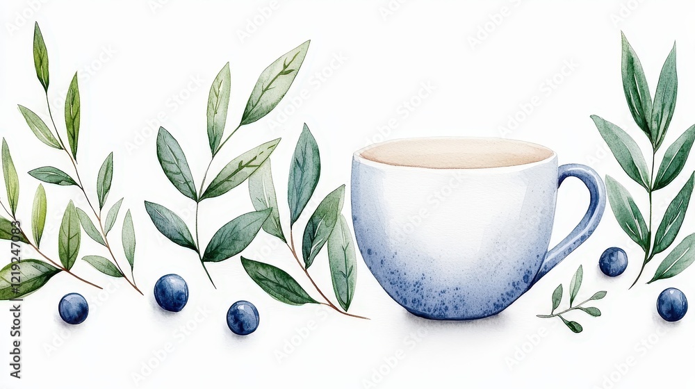 Blue Cup Surrounded by Green Leaves and Blue Berries in a Calm and Fresh Composition Blue Cup Surrounded by Green Leaves and Blue Berries in a Calm and Fresh Composition
