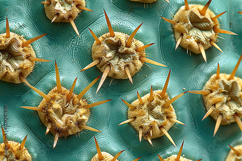 Close-up of a cactus surface, highlighting sharp spines and intricate, textured skin patterns photo