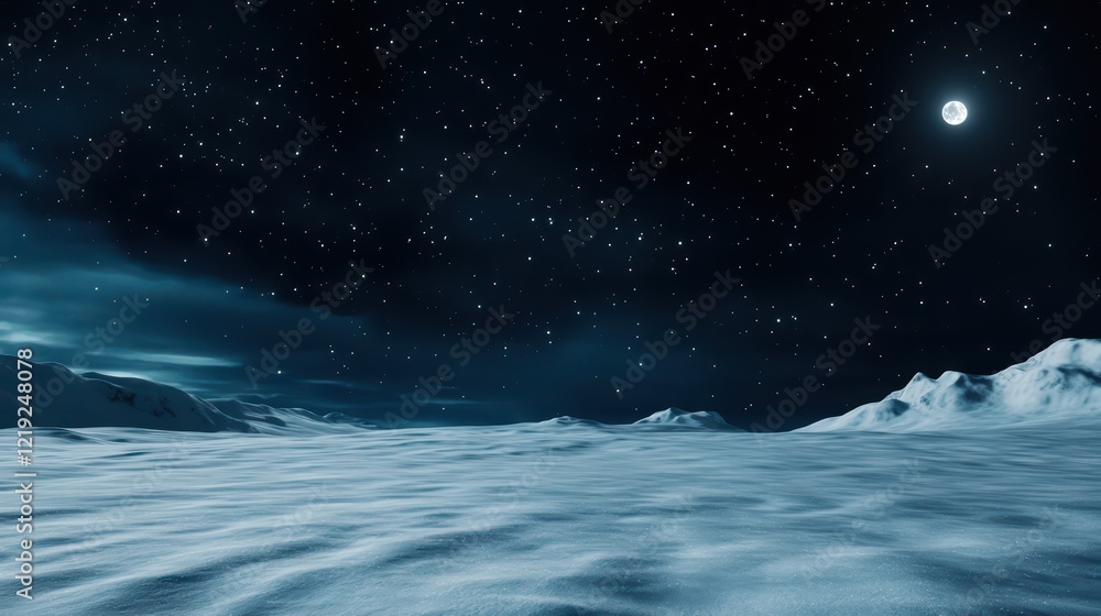 Naklejka premium Night Sky Over Snowy Landscape Under Bright Moonlight