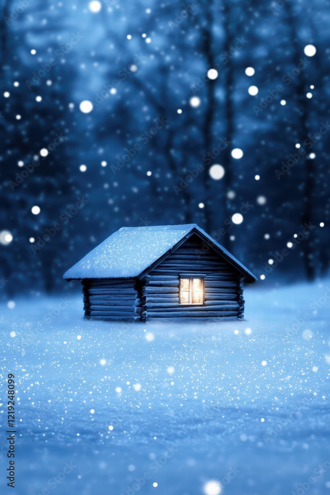 Naklejka premium Cozy and Isolated Cabin in Winter Wonderland with Snowfall