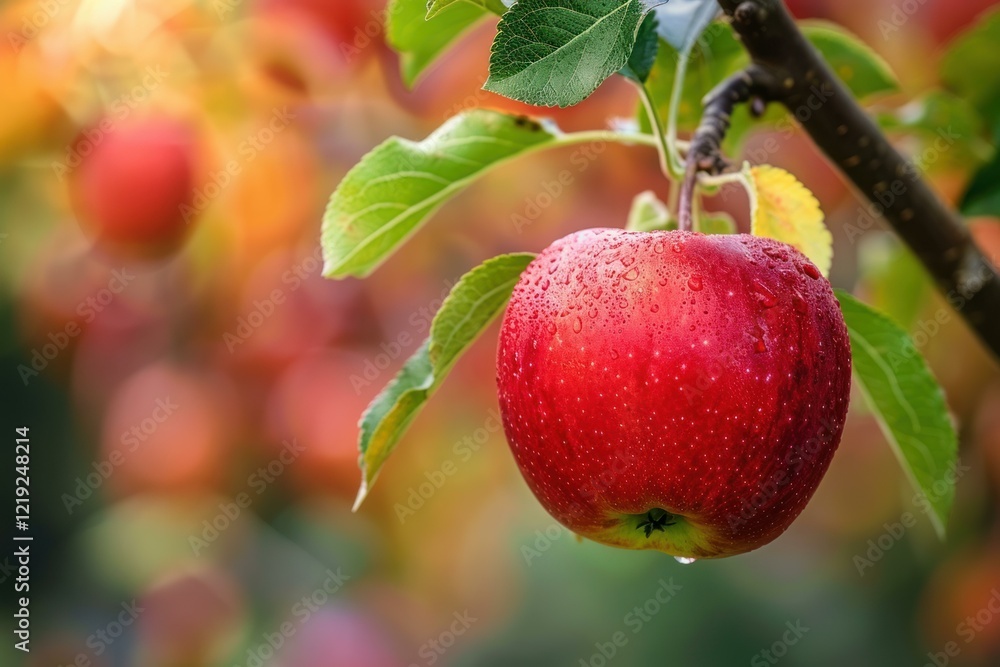 Ripe red apple with water drops hanging on a branch in an orchard, bathed in warm sunlight Ripe red apple with water drops hanging on a branch in an orchard, bathed in warm sunlight