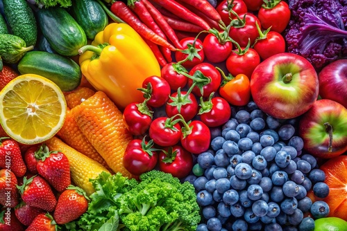 Vibrant Rainbow of Fresh Fruits & Vegetables: Close-up Stock Photo