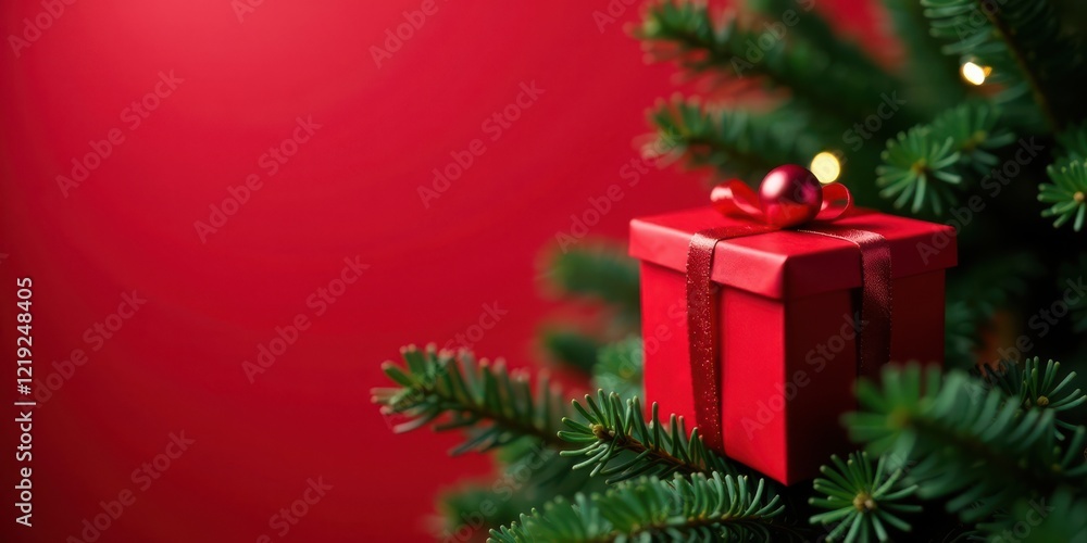 A Festive Red Gift Box Adorned with a Ribbon Rests on a Christmas Tree Branch Against a Rich Red Background, Evoking a Sense of Holiday Cheer and Anticipation. A Festive Red Gift Box Adorned with a Ribbon Rests on a Christmas Tree Branch Against a Rich Red Background, Evoking a Sense of Holiday Cheer and Anticipation.