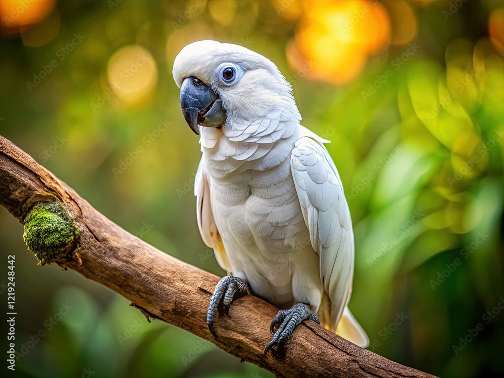 White Parrot Bird Perched on Branch, Exotic Avian Wildlife Portrait Photography White Parrot Bird Perched on Branch, Exotic Avian Wildlife Portrait Photography