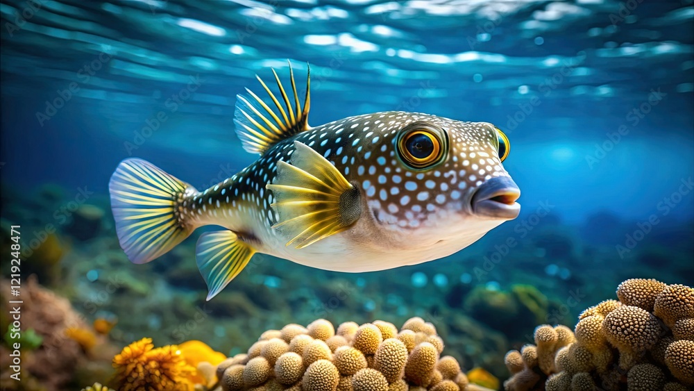 Fototapeta premium Whitespotted Puffer Fish Swimming Right, Copy Space, Underwater Scene