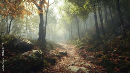 Wallpaper Mural Autumnal Path Through Misty Forest: A Digital Painting Torontodigital.ca