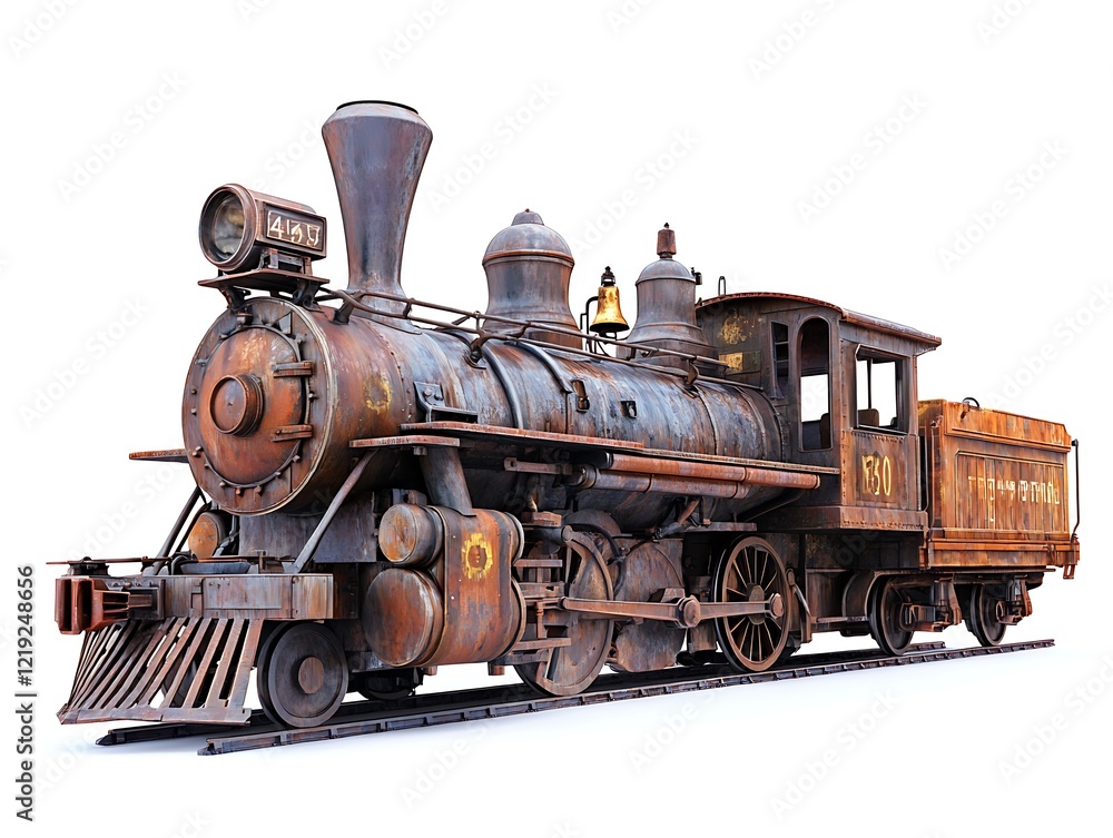 Naklejka premium Rusty Relic: A weathered steam locomotive, a testament to a bygone era of steam-powered travel, stands proudly on the tracks, its rusty exterior hinting at countless journeys across time.
