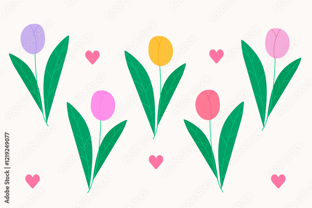 Obraz premium Set with various tulips. Bouquets for Women`s day and Mother`s day. Modern isolated vector illustration.