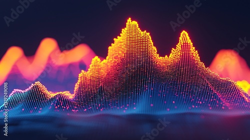 A vibrant, digitally rendered sound wave peaks in striking hues of orange and blue, resembling a mountain range in a futuristic landscape. photo