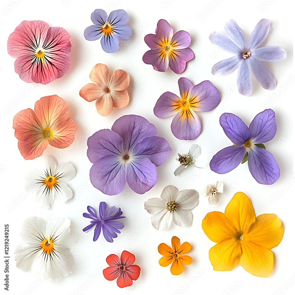 Colorful Flower Arrangement: A vibrant and diverse collection of delicate flowers, including pansies, primroses, and forget-me-nots, arranged on a clean background. Colorful Flower Arrangement: A vibrant and diverse collection of delicate flowers, including pansies, primroses, and forget-me-nots, arranged on a clean background.