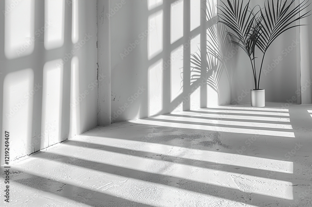 Obraz premium Geometric shadows cast on a white wall, sharp contrasts with clean lines, creating depth