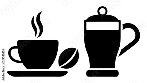 A vector graphic featuring simple, solid black silhouettes of a teacup and saucer, and a teapot.