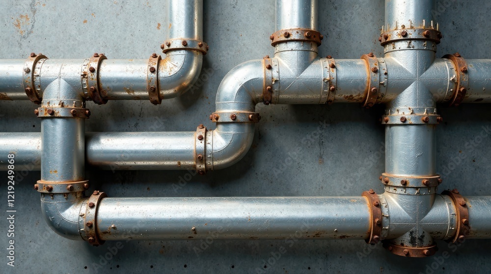 Rustic Metallic Piping System An Industrial Architectural Detail with Weathered Metal and Aged Fittings Rustic Metallic Piping System An Industrial Architectural Detail with Weathered Metal and Aged Fittings