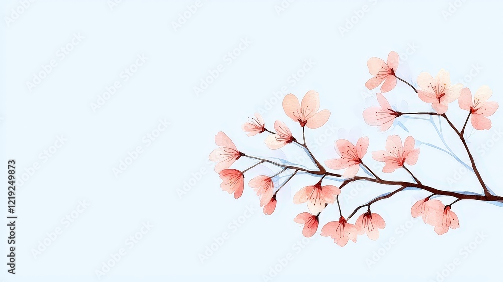 Fototapeta premium Delicate Blooming Cherry Blossom Branch Against Soft Blue Background in Spring Season