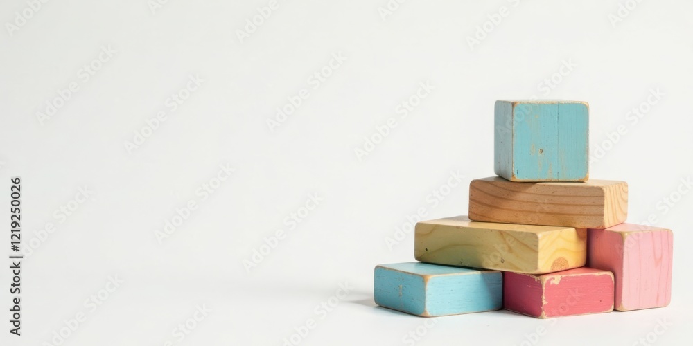 Pastel-colored wooden blocks arranged in a small pyramid shape on a white background, suggesting growth, building, or creativity Pastel-colored wooden blocks arranged in a small pyramid shape on a white background, suggesting growth, building, or creativity