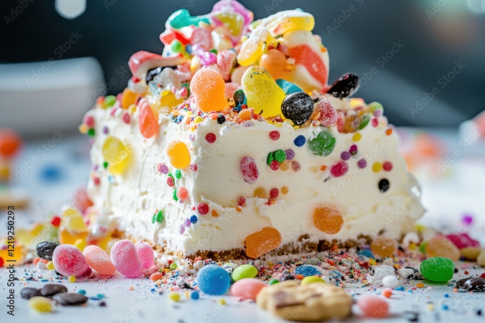 Colorful chaos cake topped with assorted candies and sprinkles