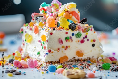 Obraz na płótnie Colorful chaos cake topped with assorted candies and sprinkles w salonie