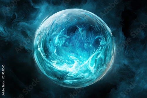 Realistic mystical orb with cyan indigo white energy photo