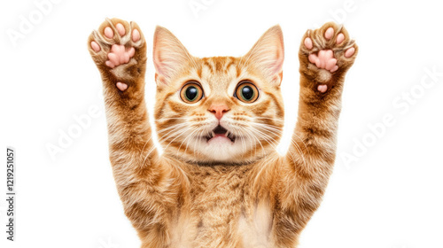 Playful Ginger Cat with Raised Paws and Expressive Face Captured in a Joyful Moment, Radiating Happiness and Curiosity, Perfect for Pet-Themed Projects and Marketing Campaigns