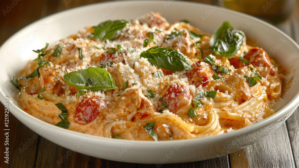 An appetizing close-up of a creamy pasta dish with al dente spaghetti, rich tomato sauce, basil leaves, and grated parmesan cheese served in a white bowl An appetizing close-up of a creamy pasta dish with al dente spaghetti, rich tomato sauce, basil leaves, and grated parmesan cheese served in a white bowl