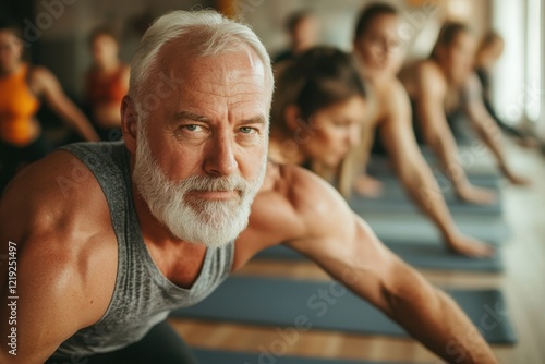 Instructor shows Pilates techniques to engaged class participants photo