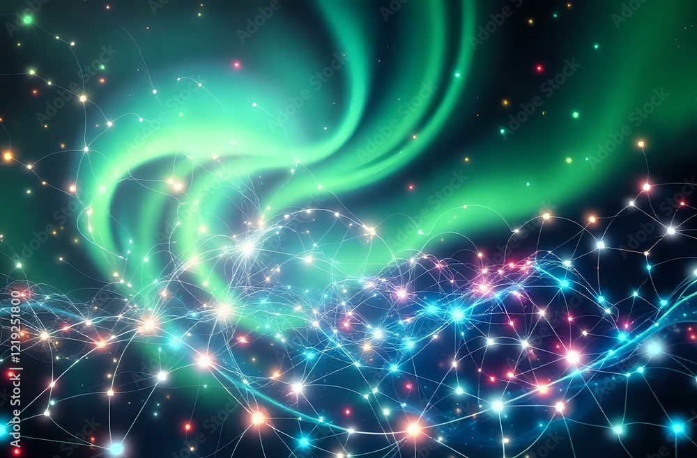 Fototapeta premium Interstellar Harmony: Connected Cosmos in Aurora Borealis Style