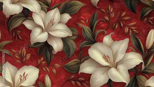 Seamless wallpaper with white lily flowers on red background by Victorian style.