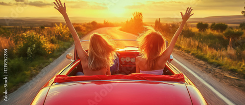 Two young women driving classic convertible car on a road into sunset, hands raised, roadtrip concept. Generative AI