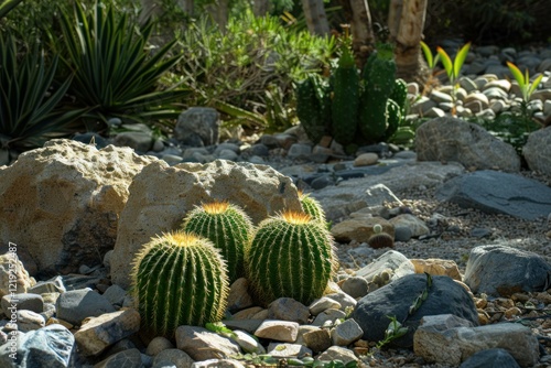 Golden barrel cactus growing between rocks in a xeriscape garden photo