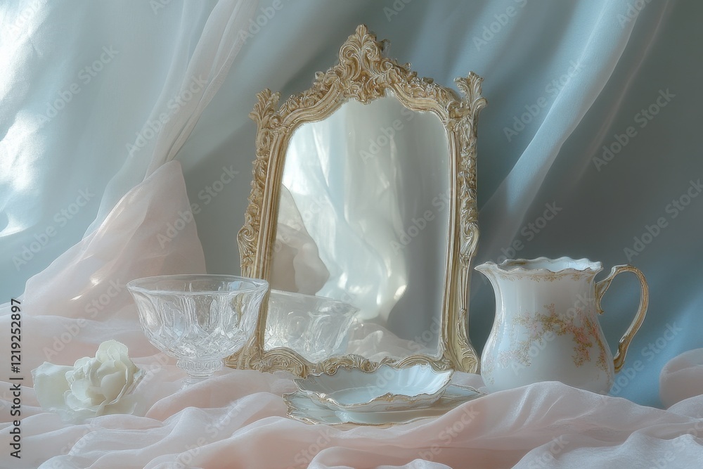 Still life composition featuring a gilded mirror, crystal bowl, and pitcher