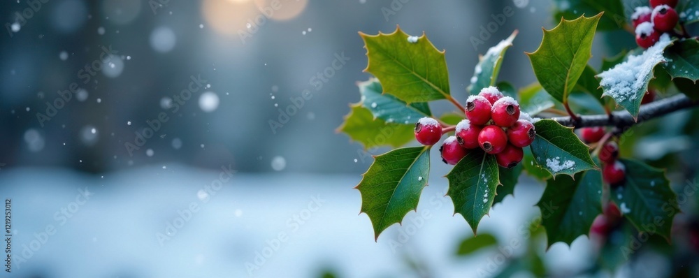 Holly branch with red berries and a few fallen snowflakes in the surrounding area, winter, berries, snow Holly branch with red berries and a few fallen snowflakes in the surrounding area, winter, berries, snow