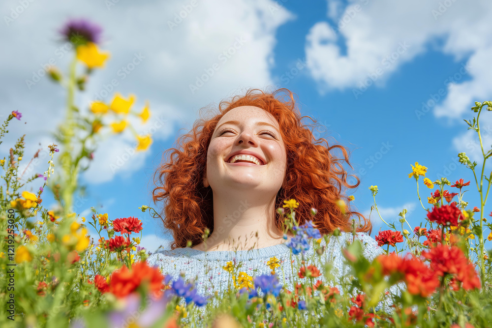 a professional photo of a cheerful plus size red-haired woman with curly hair, surrounded by vibrant wildflowers in a sunny meadow, her joyful smile illuminated by soft natural light a professional photo of a cheerful plus size red-haired woman with curly hair, surrounded by vibrant wildflowers in a sunny meadow, her joyful smile illuminated by soft natural light