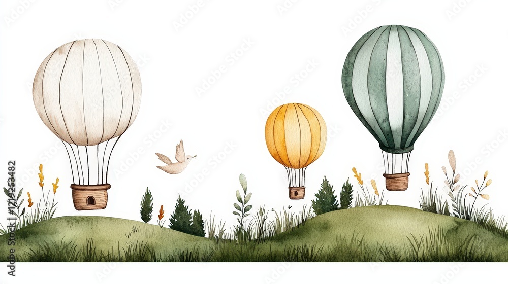 Obraz premium Colorful hot air balloons flying over a serene landscape with lush green hills and birds