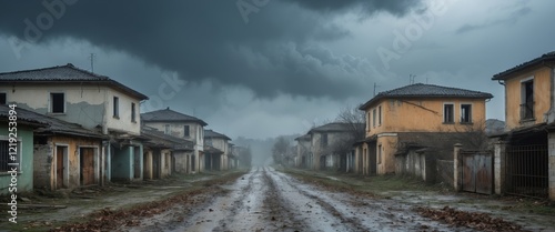 Muddy village road with damaged houses and dark storm clouds overhead. photo