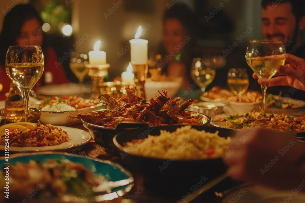 A cozy dinner gathering with friends sharing a table full of delicious dishes and warm light. A cozy dinner gathering with friends sharing a table full of delicious dishes and warm light.