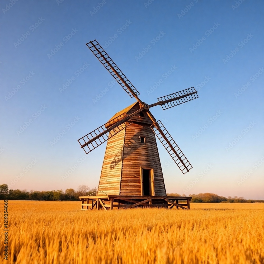 Wooden windmill in a sun-drenched field. Wooden windmill in a sun-drenched field.