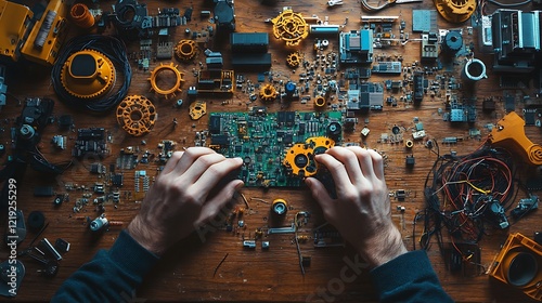 A pair of hands assembling a DIY robotics kit, with tiny gears and circuit boards spread on a wooden table in a creative workspace