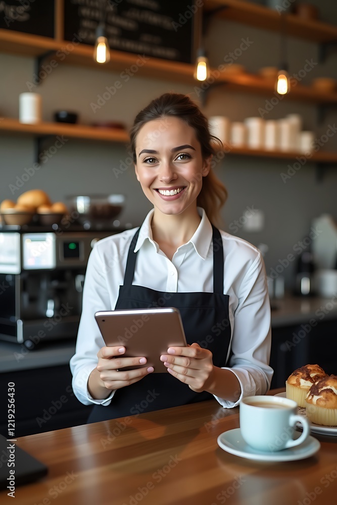 Smiling businesswoman using tablet at café desk indoors, managing coffee shop orders, horizontal photo for social media, web design, advertisement, or poster in full HD 4K, high-quality download 2025 Smiling businesswoman using tablet at café desk indoors, managing coffee shop orders, horizontal photo for social media, web design, advertisement, or poster in full HD 4K, high-quality download 2025