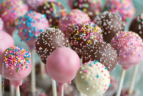 Bunch of pink and white candy balls with sprinkles on top