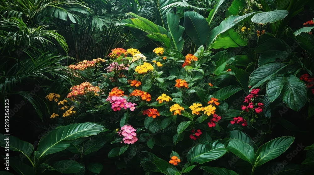 Vibrant Tropical Floral Scene with Lush Green Foliage and Flowers