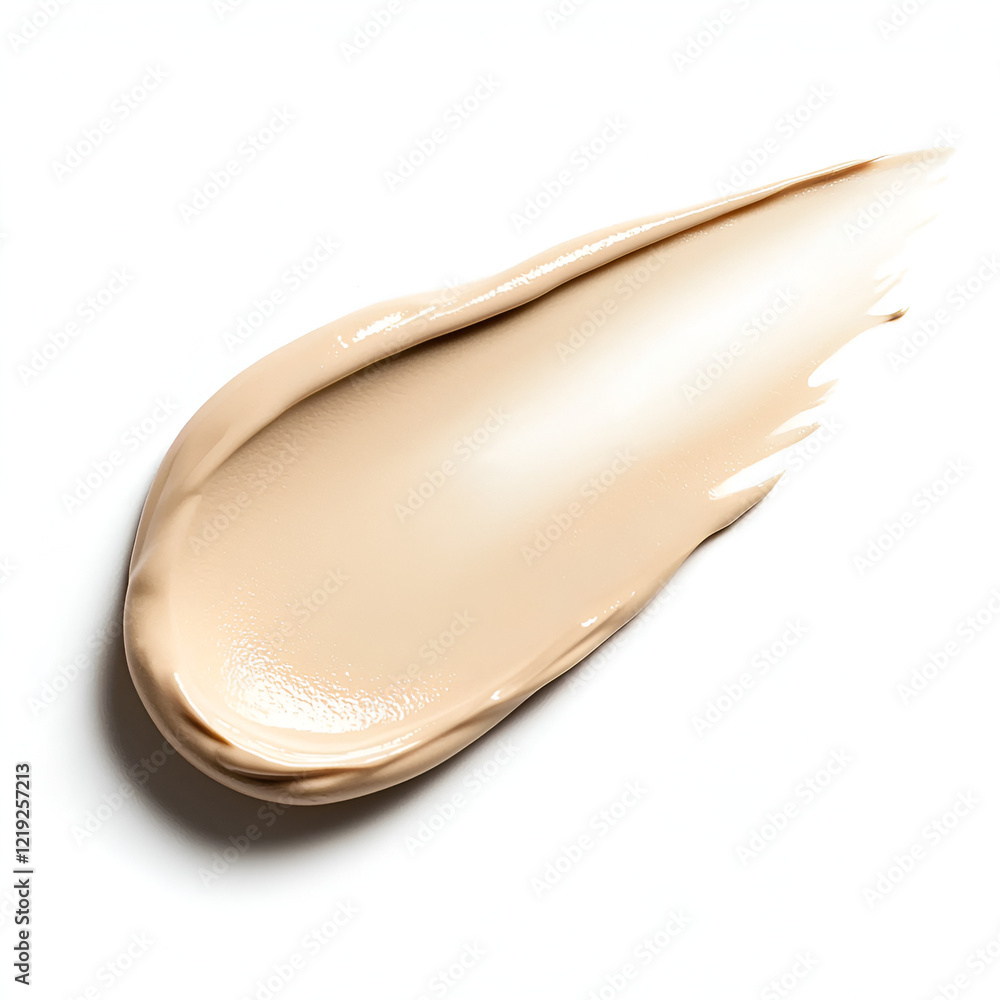 Swiped swatch of light beige foundation makeup cream on white background. Perfect for beauty and cosmetics advertising. Swiped swatch of light beige foundation makeup cream on white background. Perfect for beauty and cosmetics advertising.