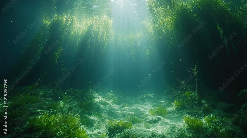 Fototapeta premium Sunbeams Illuminate Underwater Seaweed Forest Floor