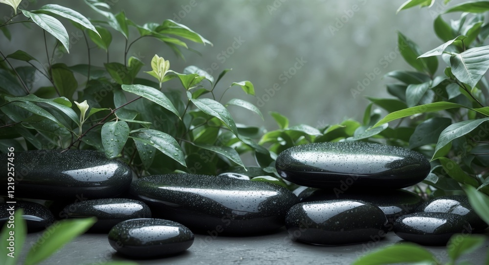 Naklejka premium Black stones and green leaves create a serene natural ambiance in a garden setting