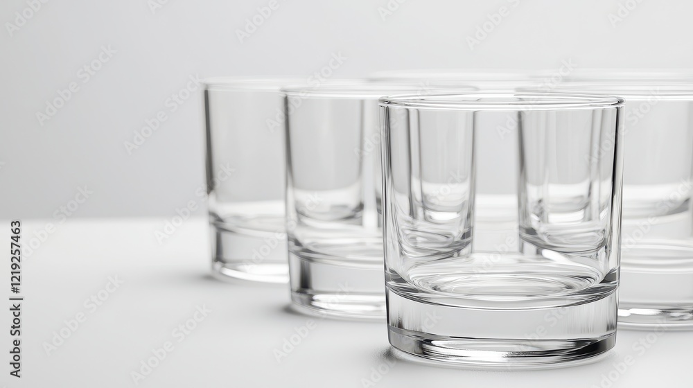 A set of modern glass drinking tumblers, placed neatly on a white table, on a white background A set of modern glass drinking tumblers, placed neatly on a white table, on a white background