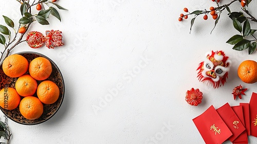 Wallpaper Mural Festive Chinese New Year flat lay with oranges, lion dance head, red envelopes, and decorations on white background. Torontodigital.ca