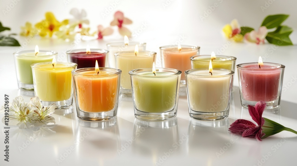 A collection of luxurious scented candles in glass containers, placed on a white surface with soft lighting, on a white background A collection of luxurious scented candles in glass containers, placed on a white surface with soft lighting, on a white background