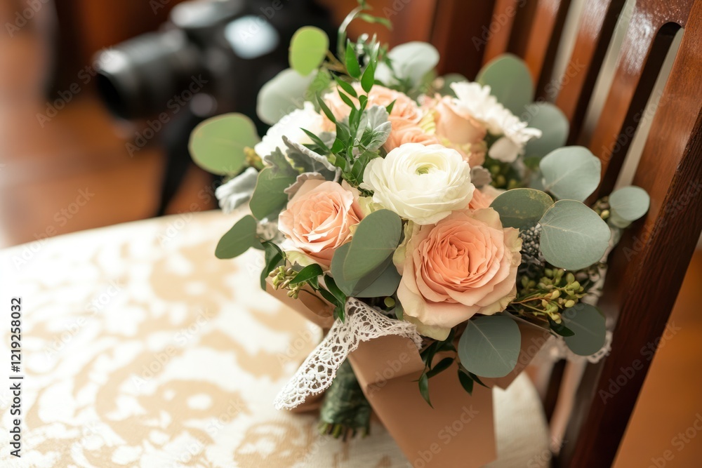 Obraz premium Peach rose bridal bouquet on chair, camera blurred background, wedding prep