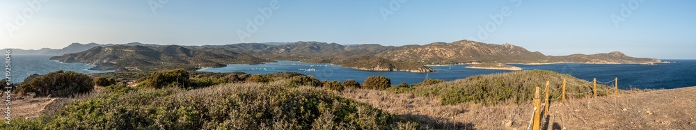 Aerial view of the Malfatano Gulf in the south of Sardinia with many beautiful beaches and blue and turquoise water