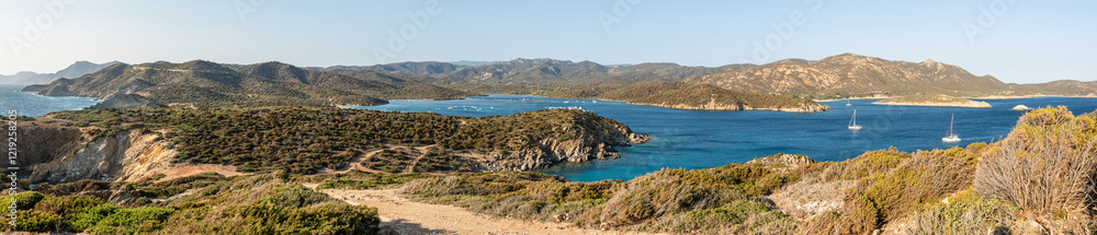 Aerial view of the Malfatano Gulf in the south of Sardinia with many beautiful beaches and blue and turquoise water Aerial view of the Malfatano Gulf in the south of Sardinia with many beautiful beaches and blue and turquoise water